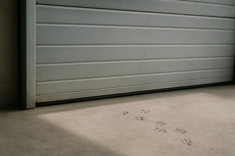 Traces de rongeurs visibles sur le sol en béton d'un garage, trappe en métal.