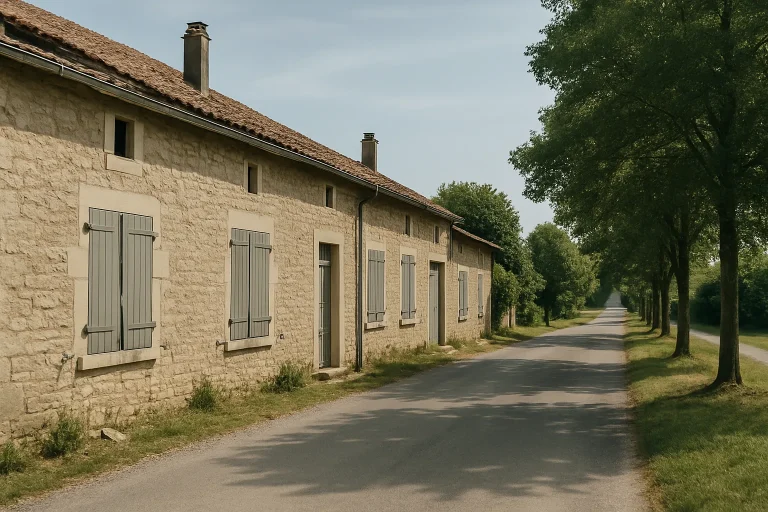 Rue de campagne en Meuse, maisons en pierre, arbres et ciel dégagé