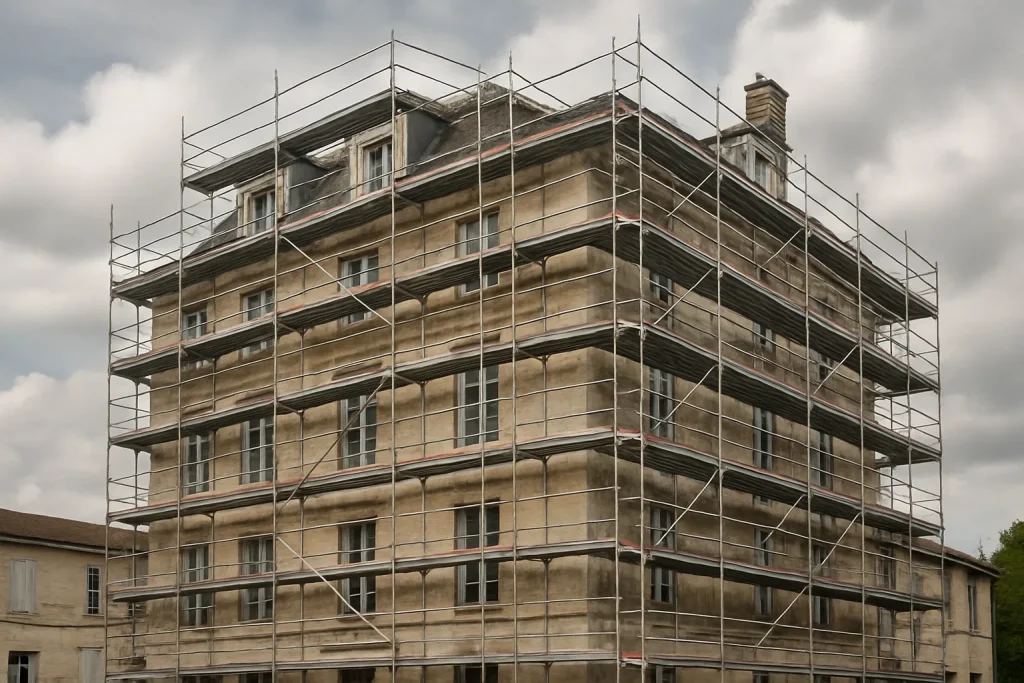 Immeuble à Bar-le-Duc avec échafaudages pour rénovation, ciel nuageux
