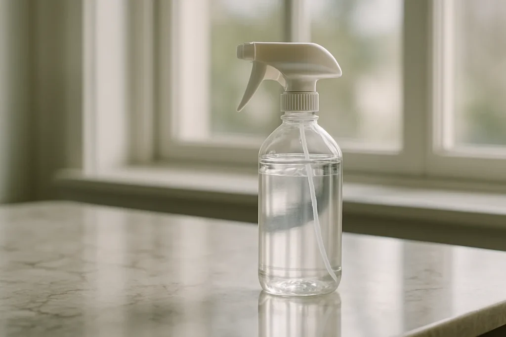 Vaporisateur de désinfectant sur marbre, lumière naturelle, détails nets.