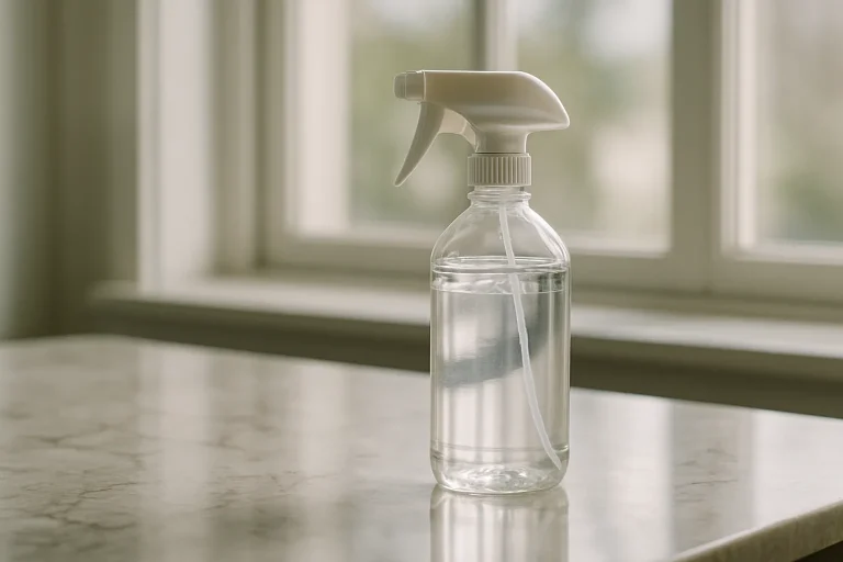 Vaporisateur de désinfectant sur marbre, lumière naturelle, détails nets.