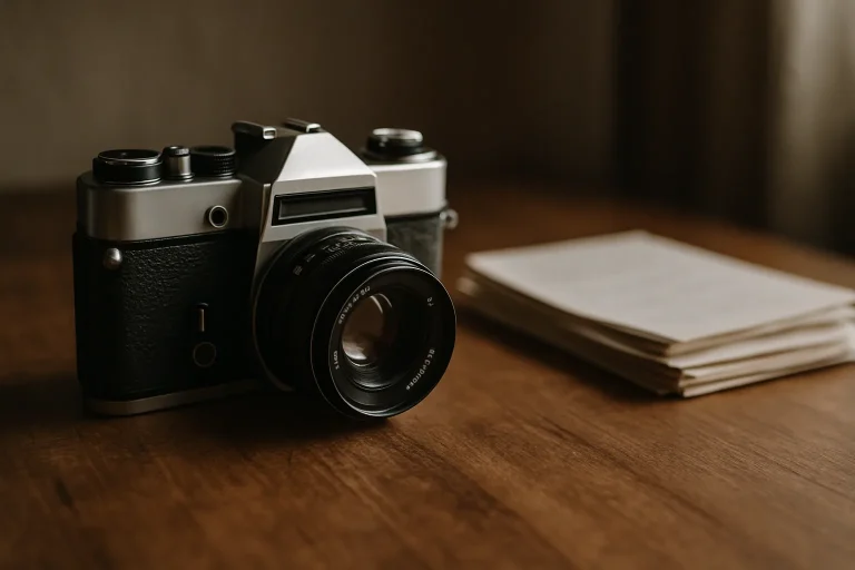 Appareil photo vintage sur une table en bois avec des documents à côté.