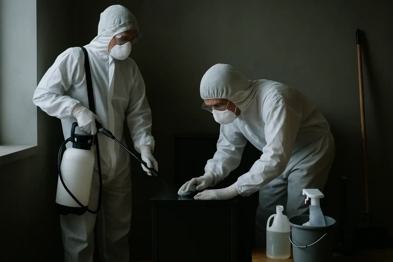 Deux experts nettoyant une scène intérieure sombre avec des équipements spécialisés.